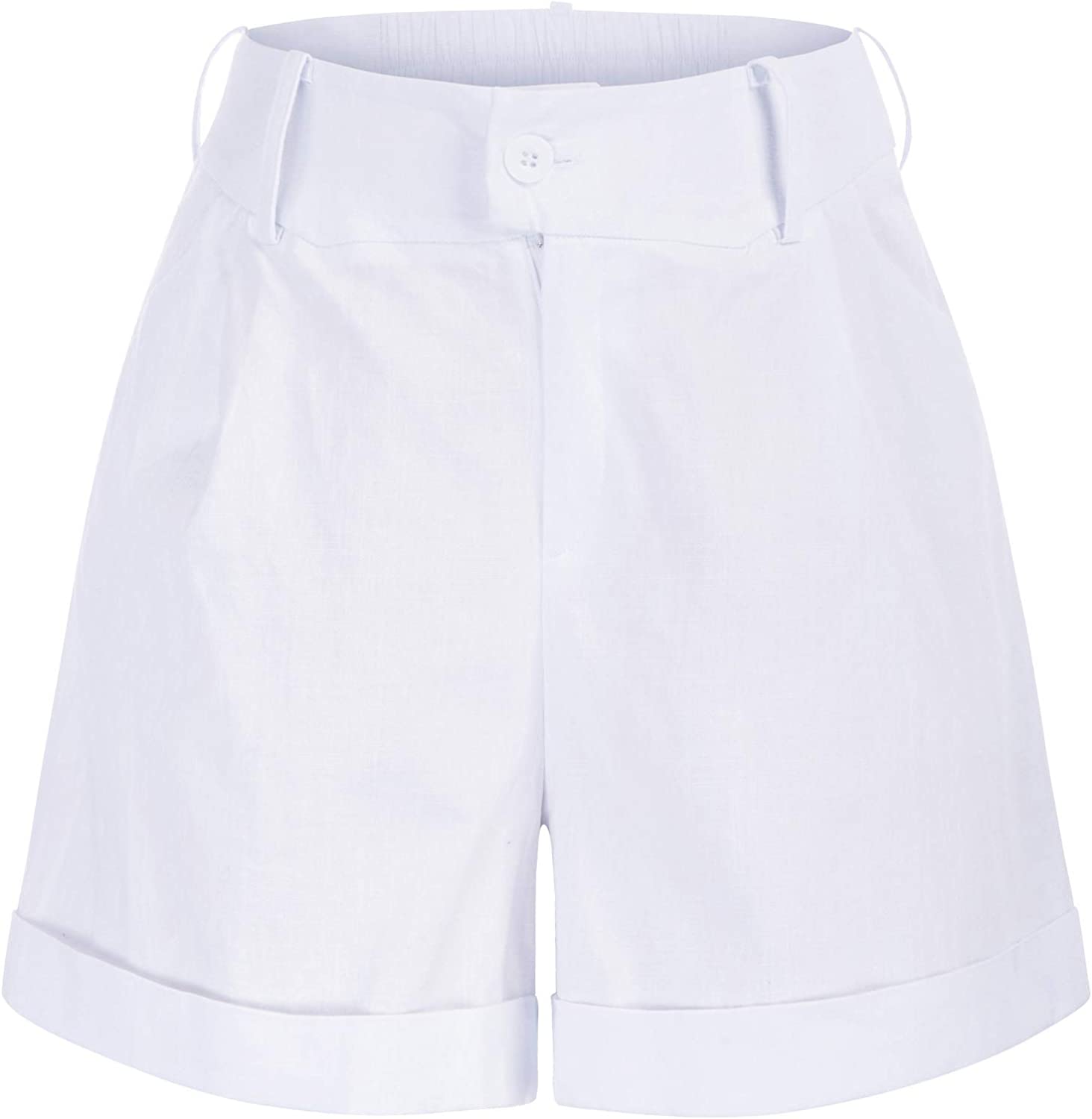 Belle Poque Women Summer Linen Shorts Elastic High Waisted Shorts with Pockets