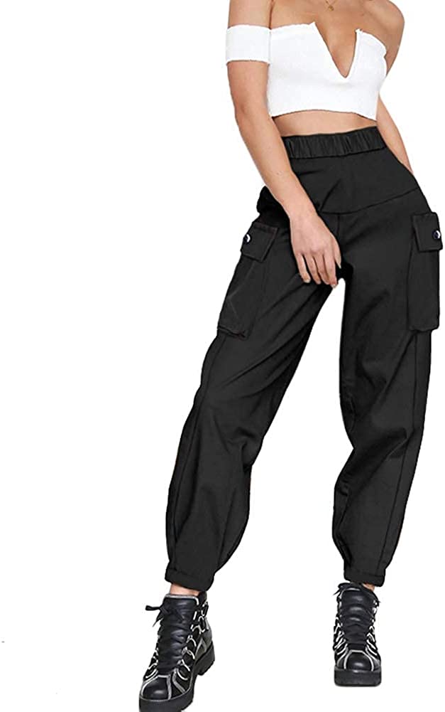 guyueqiqin Women's Cargo Pants, Casual Outdoor Solid Color Elastic High Waisted Baggy Jogger Workout Pants with Pockets