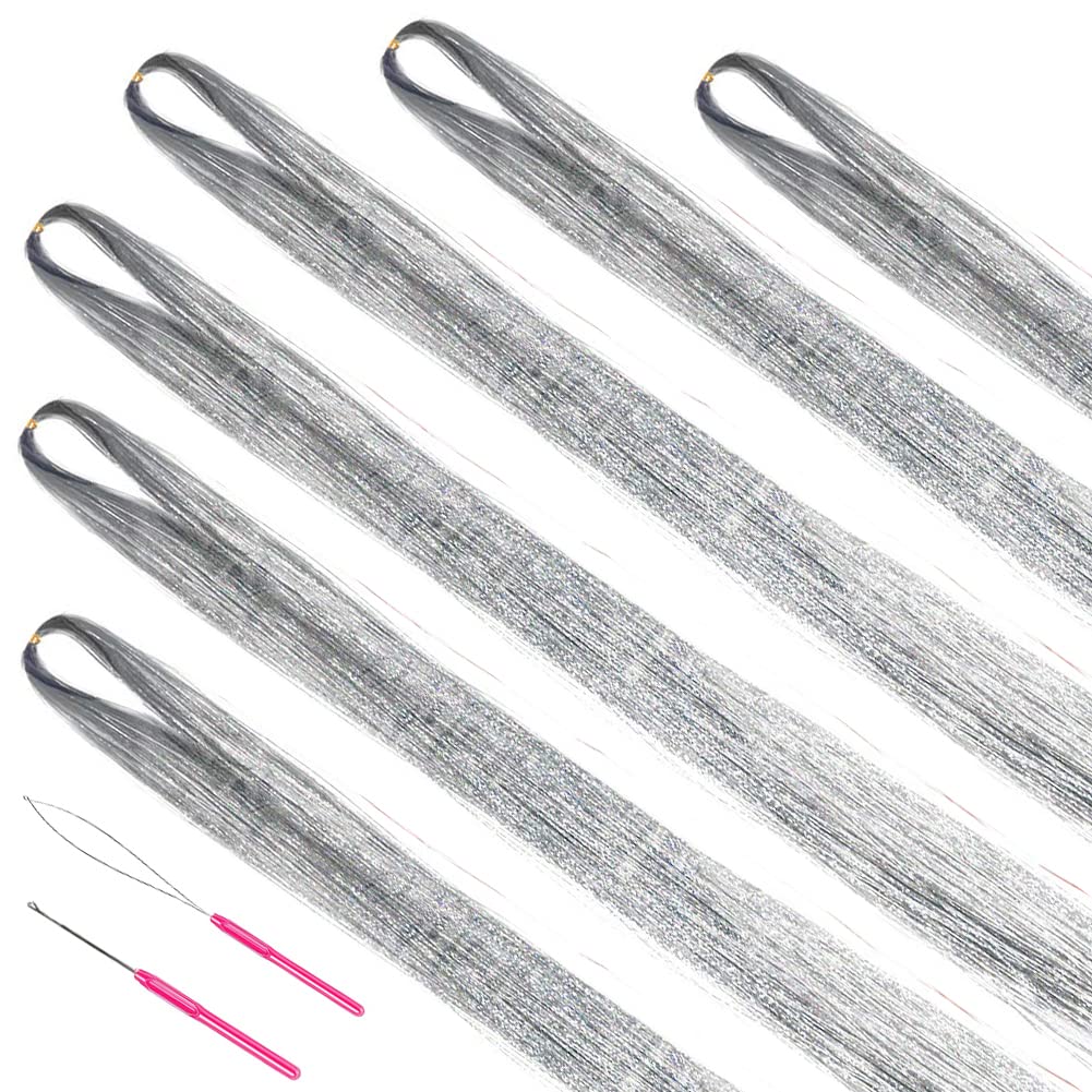 Hair Tinsel Kit With Tools 47Inch 1200 Strands Glitter Tinsel Hair Extensions Sparkling Shiny Hair Tinsel Strands Kit Heat Resistant for Women Girls 6Pcs (Silver)
