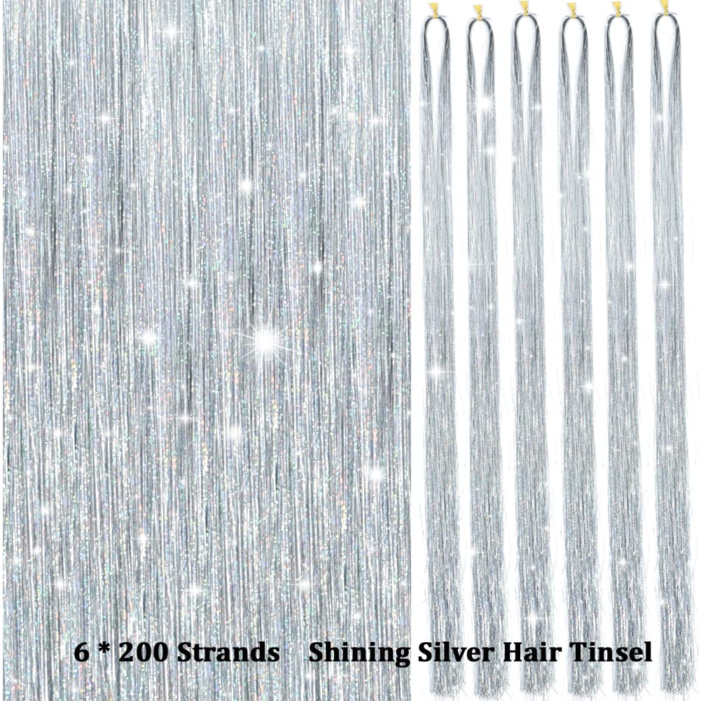Hair Tinsel Kit With Tools 47Inch 1200 Strands Glitter Tinsel Hair Extensions Sparkling Shiny Hair Tinsel Strands Kit Heat Resistant for Women Girls 6Pcs (Silver)