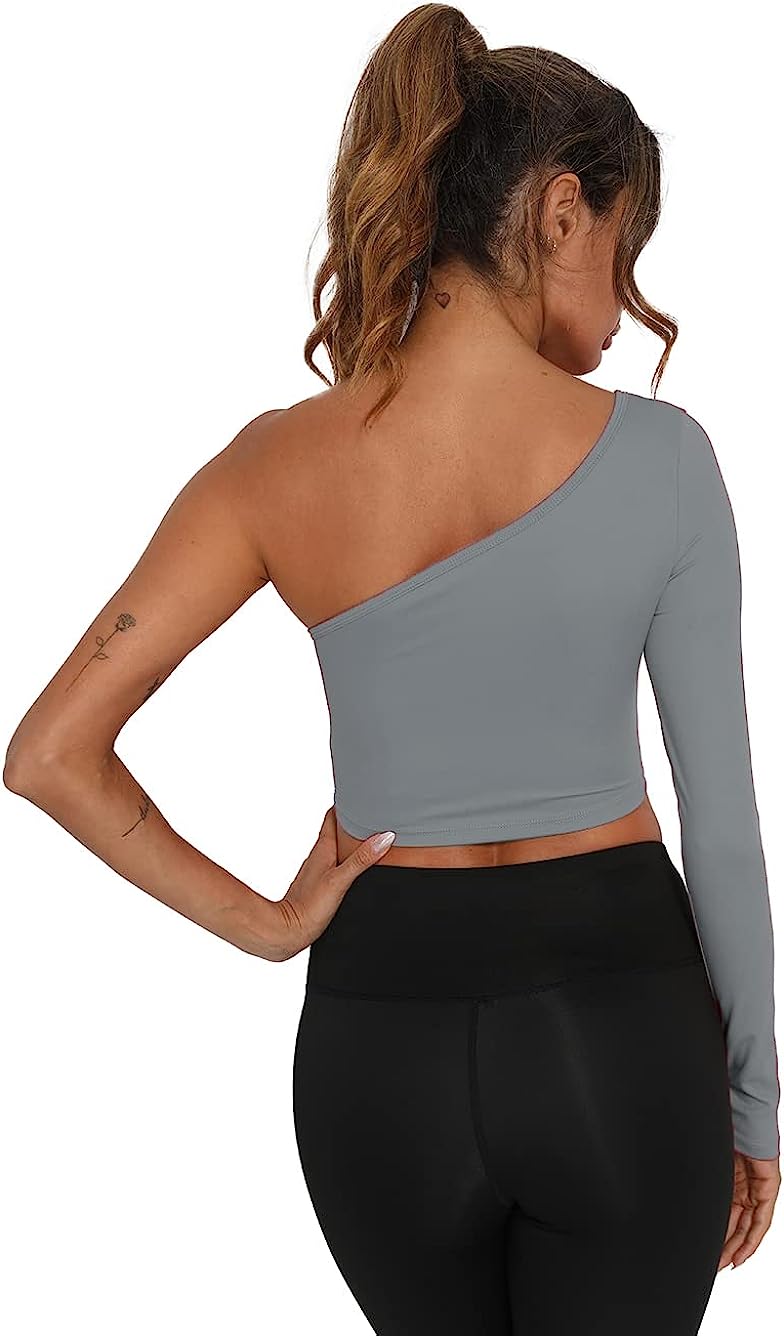 nine bull One Shoulder Tops for Women,Right Long Sleeve Cute Crop Top for Yoga