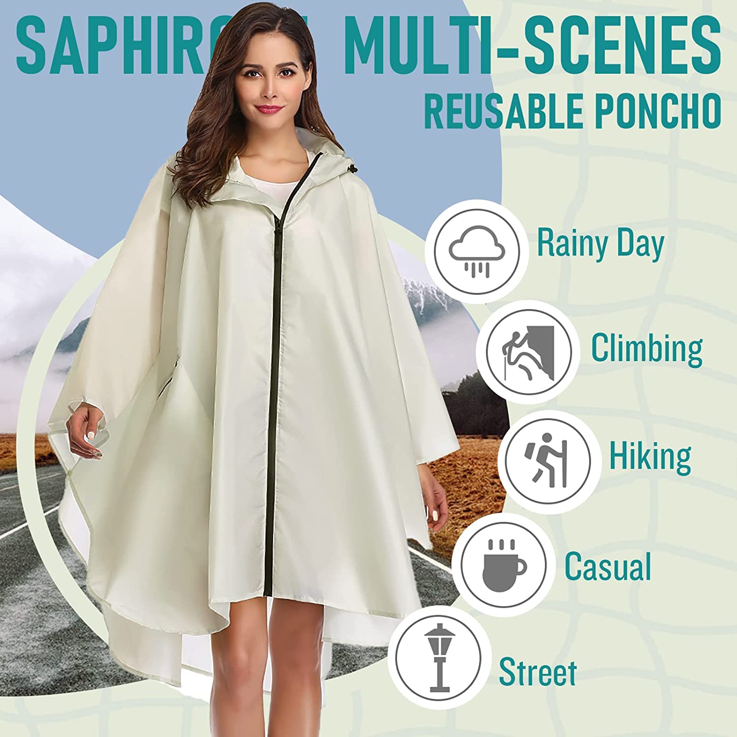 SaphiRose Rain Poncho Jacket Coat Hooded for Adults with Pockets