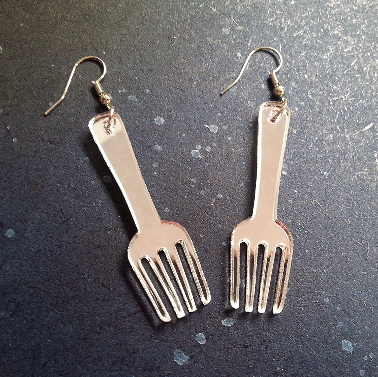 Unique Fork Dangle Statement Earrings with Nickel Free Hooks, Dinglehopper Mirrored Acrylic Funny Weird Earrings for Chefs, Servers and Cosplay