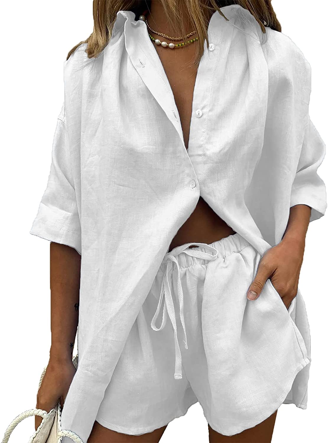 Women 2 Piece Tracksuit Casual Outfits Button Down Shirt Cardigan Tops + Elastic Waist Lounge Shorts Set