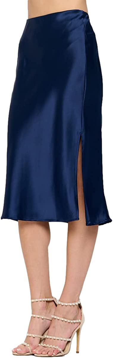 Women Solid High Waist Silky Casual Elastic Satin Midi Skirt - Made in USA