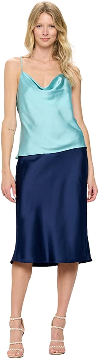 Women Solid High Waist Silky Casual Elastic Satin Midi Skirt - Made in USA