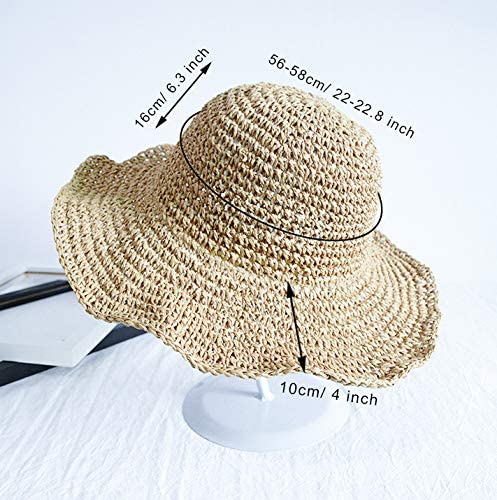 Women Straw Hat Wide Brim Beach Sun Cap Foldable Large Lady Floppy 100% Natural Paper Braided for Travel Decoration Summer Vacation Soft Lightweight and Breathable (Beige)