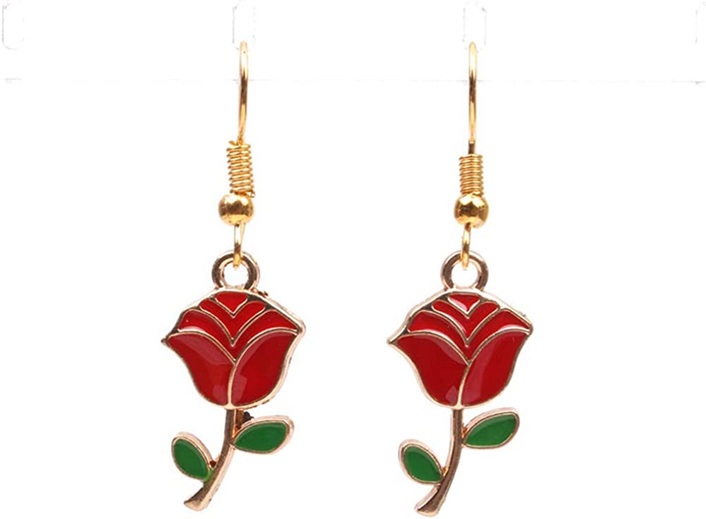 Gold Plated 14K Beauty and the beast Green Leaf Red Rose Flower Charm Tassel Dangle Earrings