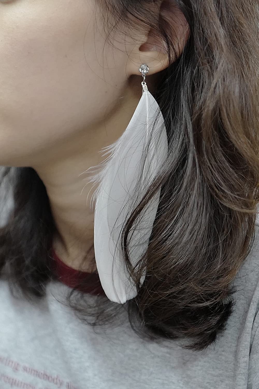 Handmade White feather earrings for women Natural Goose native Super Light Antique earrings (White)