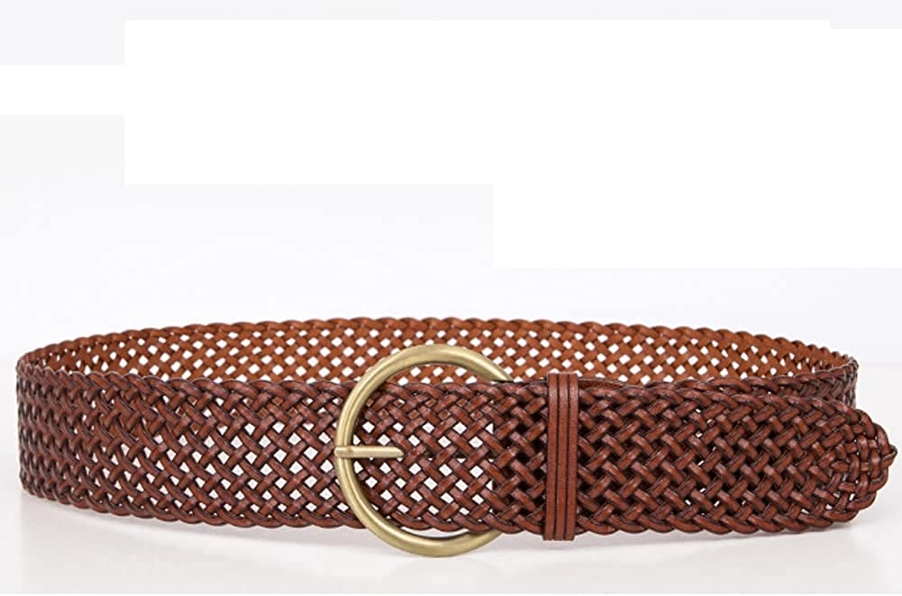 2 Inch Wide Leather Braided Belt for Women Hand Made Soft Woven Waistbands with Gold Round Pin Buckle