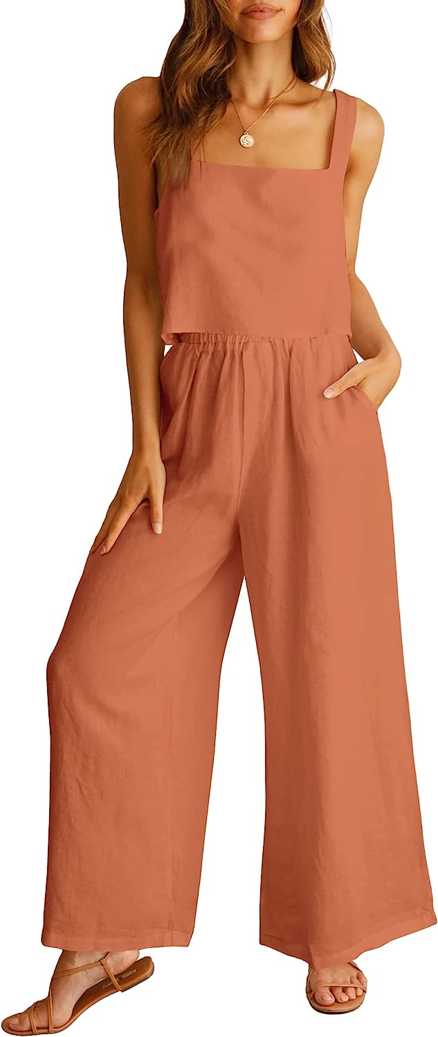 Prinbara Women's 2 Piece Outfits Lounge Sets Sleeveless Square Neck Linen Tank Crop Top Wide Leg Pants Matching Sets