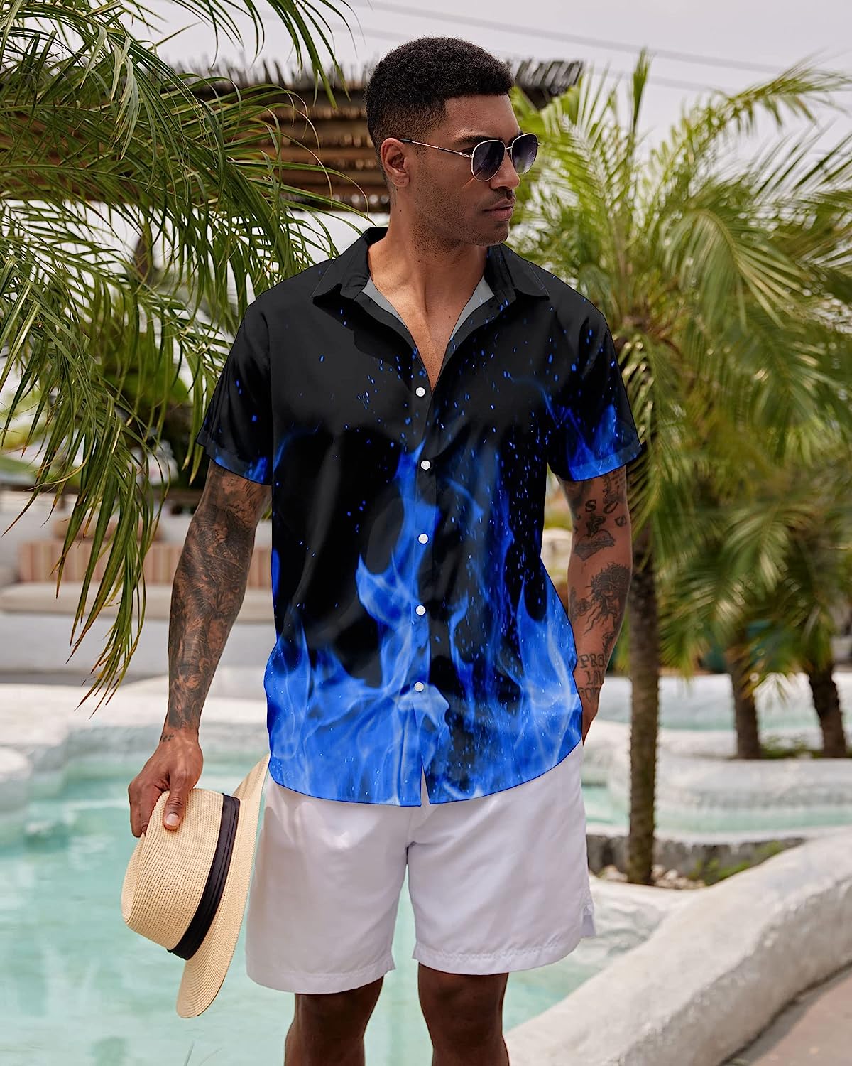 ALISISTER Mens Dress Shirt Short Sleeve Novelty 3D Pattern Holiday Summer Slim Fit Top