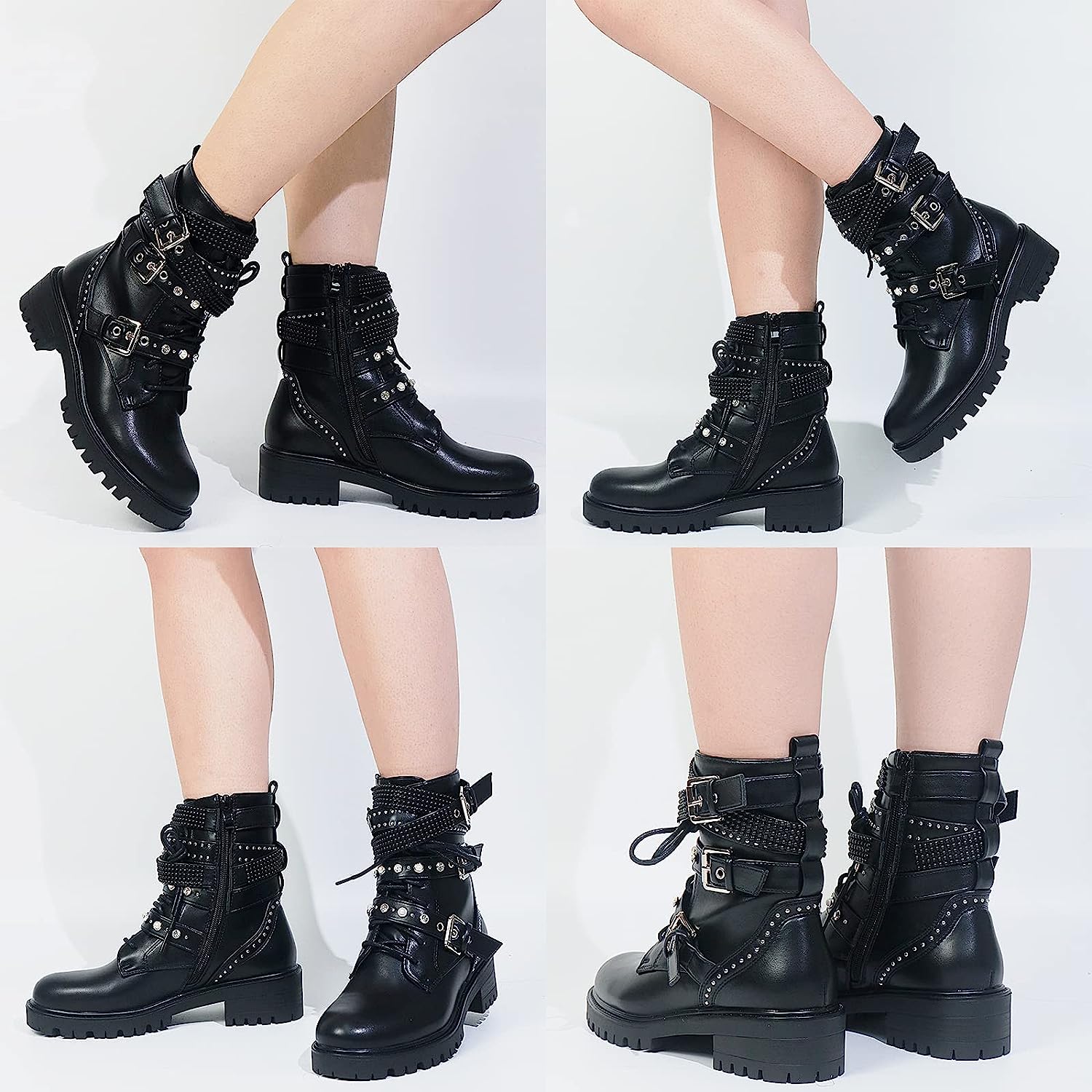 MeiLuSi Lace up Military Combat Boots for Women Fashion Chain Studded ...