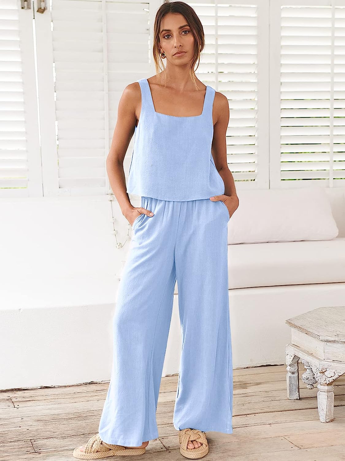 Prinbara Women's 2 Piece Outfits Lounge Sets Sleeveless Square Neck Linen  Tank Crop Top Wide Leg Pants Matching Sets 