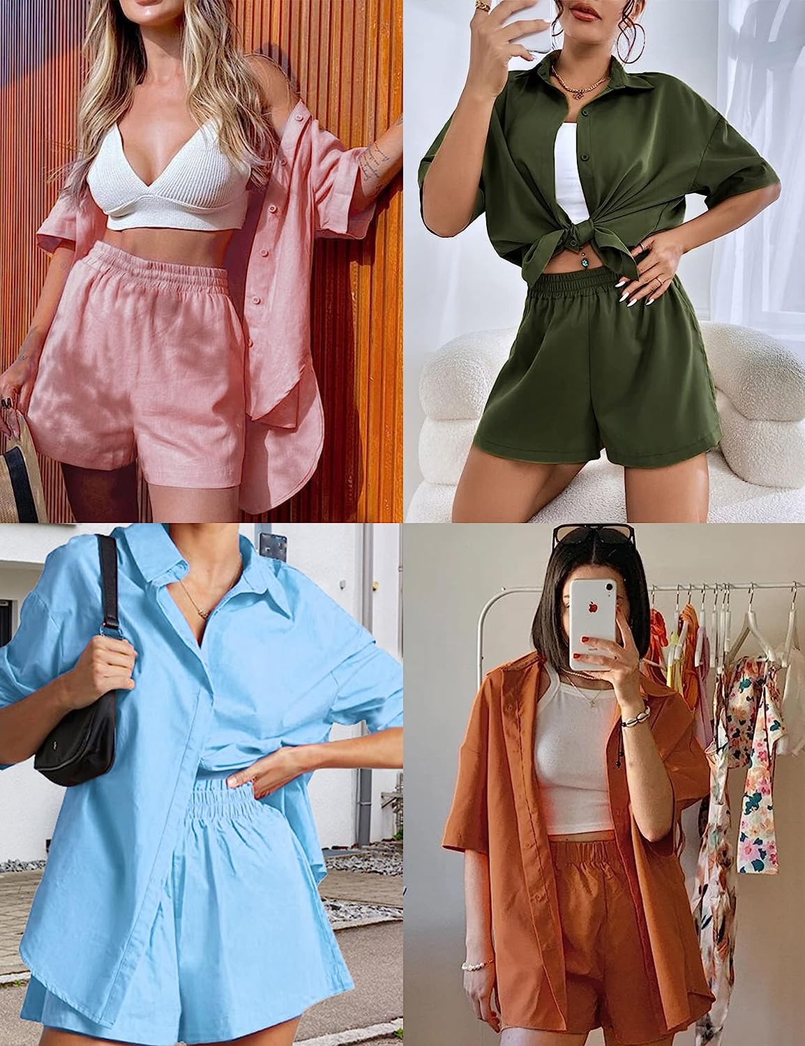 Women's 2 Piece Outfits Summer Casual Tracksuit Button Down Short Sleeve Side Slit Shirt Short Sets Vacation Matching Sets