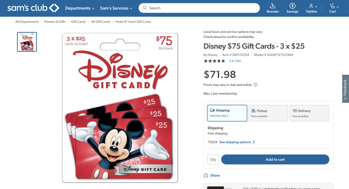 Disney Gift Card - $500 - Sam's Club