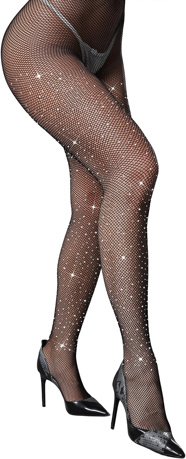 CHRLEISURE Women's Sparkle Rhinestone Fishnets, Sexy Sparkly Glitter Party  Concert Outfit Fishnet Stockings 