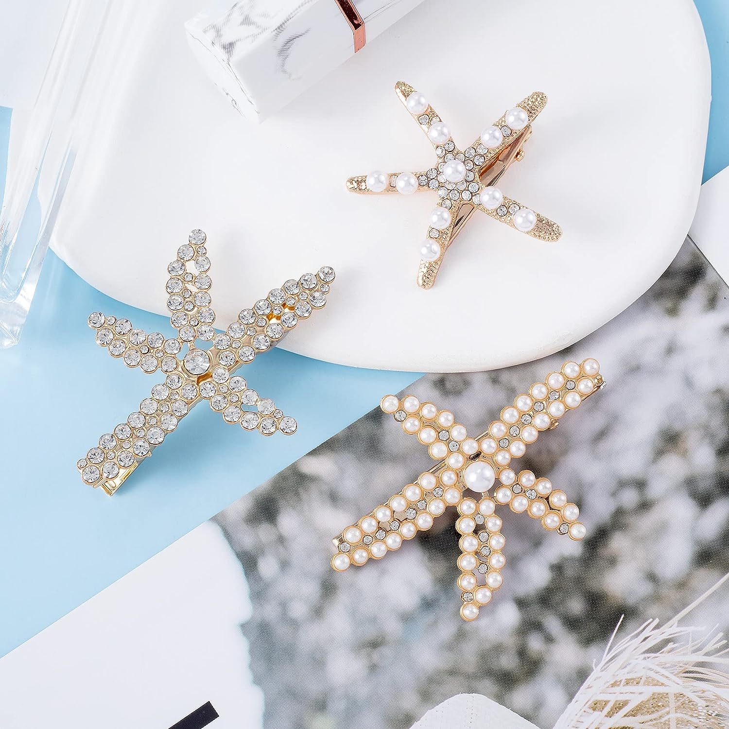 PAGOW 3 PCS Starfish Hair Clips, Gold Rhinestone Pearls Crystal Hair Clips, Sea Star Ponytail Holder, Faux Pearl Crystal Wedding Headpiece Hair Accessories For Women, Girls, Bride(1.73 x 2.48 Inch)