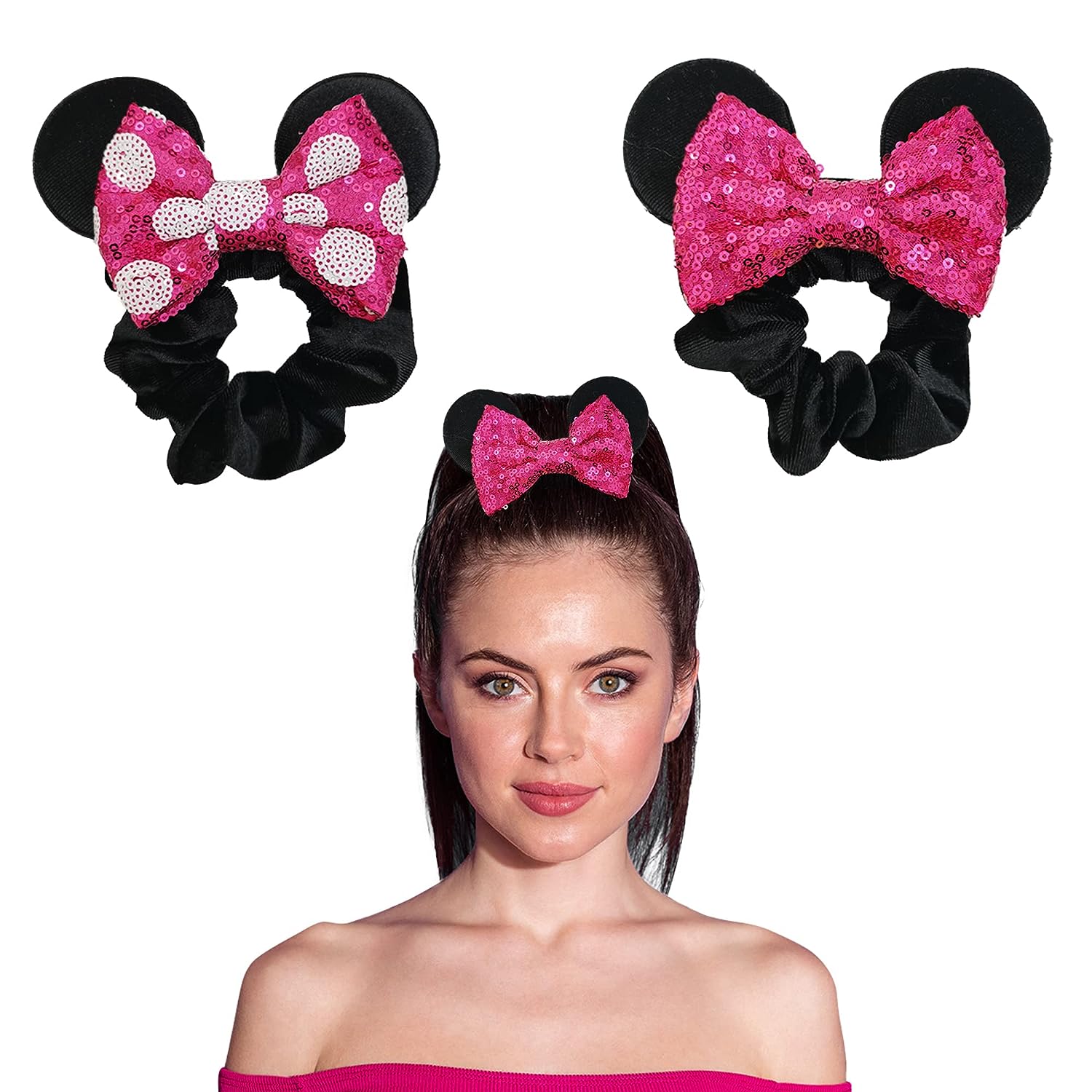 Styla Hair 2pk Mouse Ear Scrunchies for Kids Velvet Hair Bow Scrunchies for Women - Sparkle Sequins Mouse Hair Bands for Mickey Ears (Hot Pink)