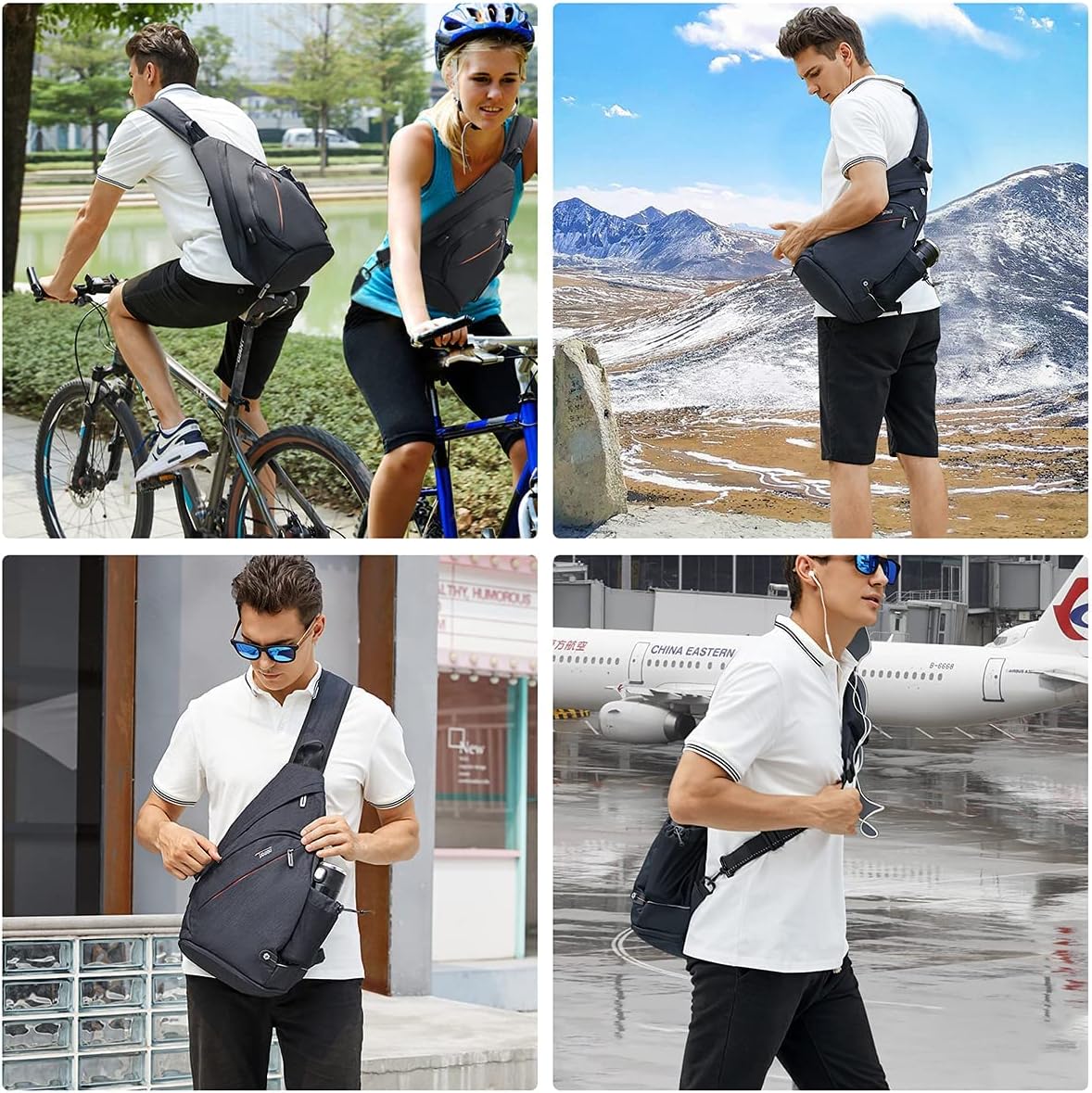 TUDEQU Sling Bag Crossbody Sling Backpack with USB Charging Port, Water Resistant Shoulder Bag Outdoor Travel Hiking Daypack with Wet Pocket Men Women