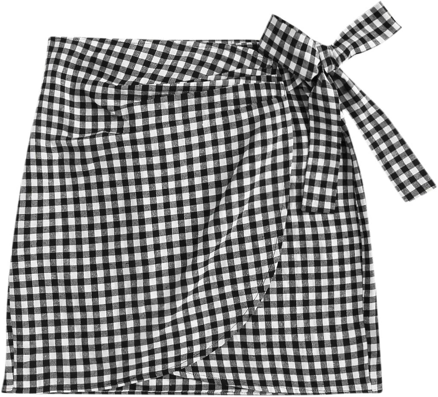 WDIRARA Women's Mid Waist Gingham Print Asymmetrical Wrap Knotted Skirt Black and White