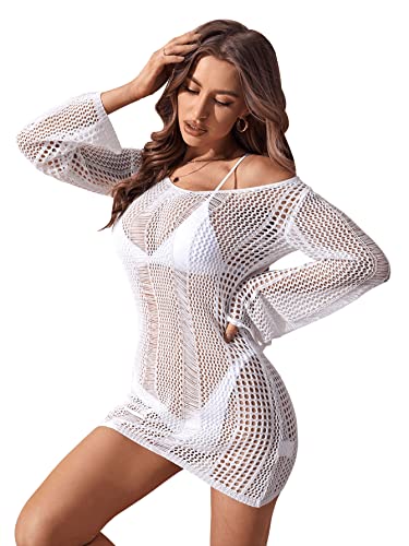 Floerns Women's Crochet Cover Up Long Sleeve Hollow Out Bikini Swimsuit Beach Cover Up Swimwear