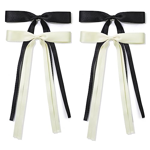 Ribbon Hair bow Hair Clips, Black Milky White Long Tail French hair Bows, Hair Clips Tassel Ribbon Bow for Women Girl, Bow Hair Barrette Dress Up Accessories for Birthday/Party/Show/Independence Day