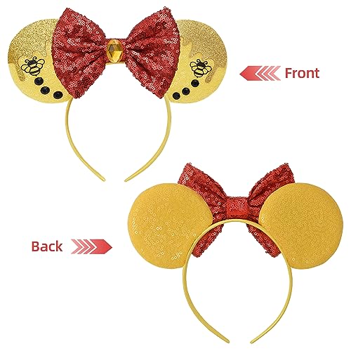 Eisyaa Yellow Winnie Minnie Ears Red Bow Headbands, Sequin Mickey Ears Headband Mouse Ears Princess Decoration Cosplay Costume (Winnie/Yellow)