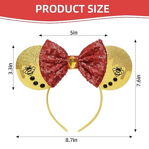 Eisyaa Yellow Winnie Minnie Ears Red Bow Headbands, Sequin Mickey Ears Headband Mouse Ears Princess Decoration Cosplay Costume (Winnie/Yellow)