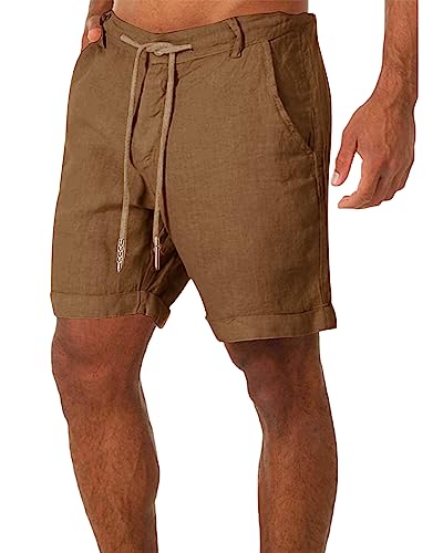 Gafeng Mens Cotton Linen Shorts Elastic Waist Drawstring Casual Summer Beach Yoga Short