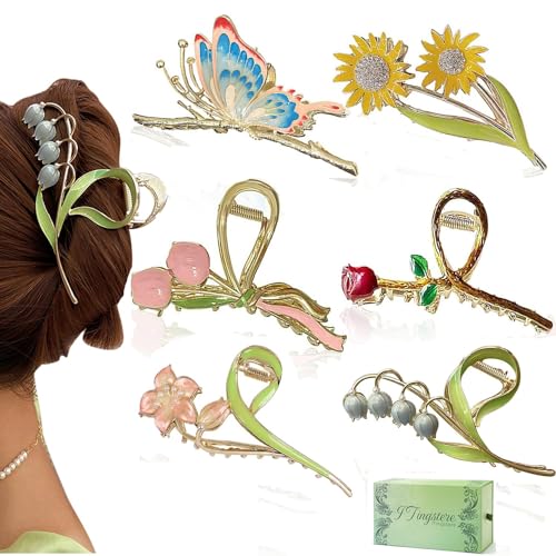 6Pcs Hair Claw Clips for Women,Large Flower Strong Metal Butterfly Hair Clips Fancy Hold Hair Jaw Clips Cute Hair Claws for Thick Hair