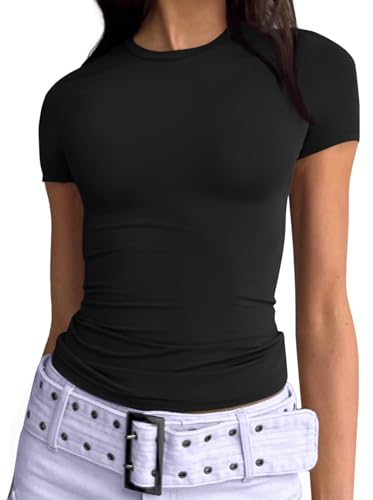 Trendy Queen Womens Basic T-Shirts Scoop Neck Short Sleeve Crop Tops Cute Summer Tops Slim Fit Tees Y2k Clothing 2024